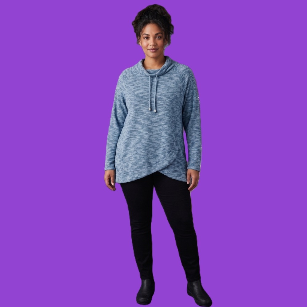 Ruby Rd Women Blue Space Dye Cowl Neck Tulip Hem Pullover Top Large